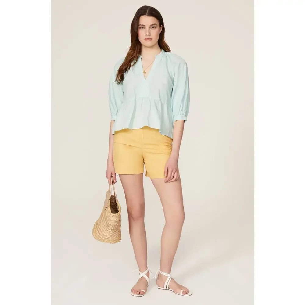 Amanda Uprichard Diego Light Blue Linen Puff Sleeve Split Neck Top Size XS - Picture 5 of 13